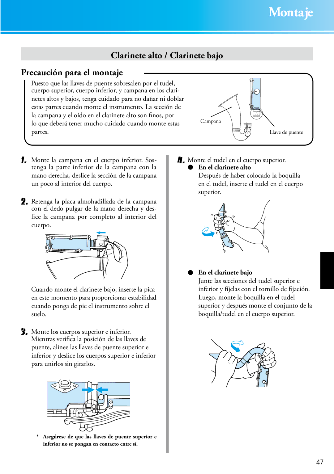 Yamaha 2428440 owner manual Montaje, Clarinete alto / Clarinete bajo Precaución para el montaje 