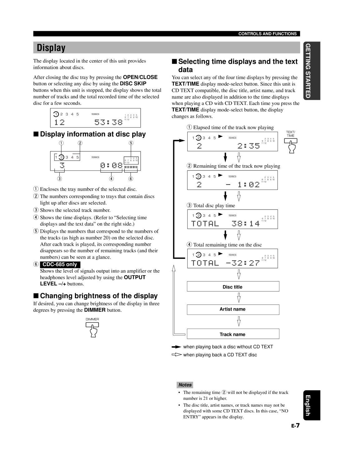 Yamaha CDC-685, 585 owner manual Display information at disc play, Changing brightness of the display 