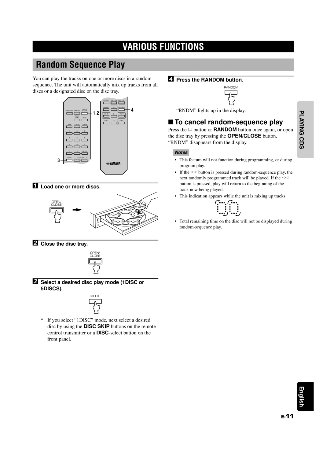 Yamaha CDC-685, 585 owner manual Various Functions, Random Sequence Play, To cancel random-sequence play 