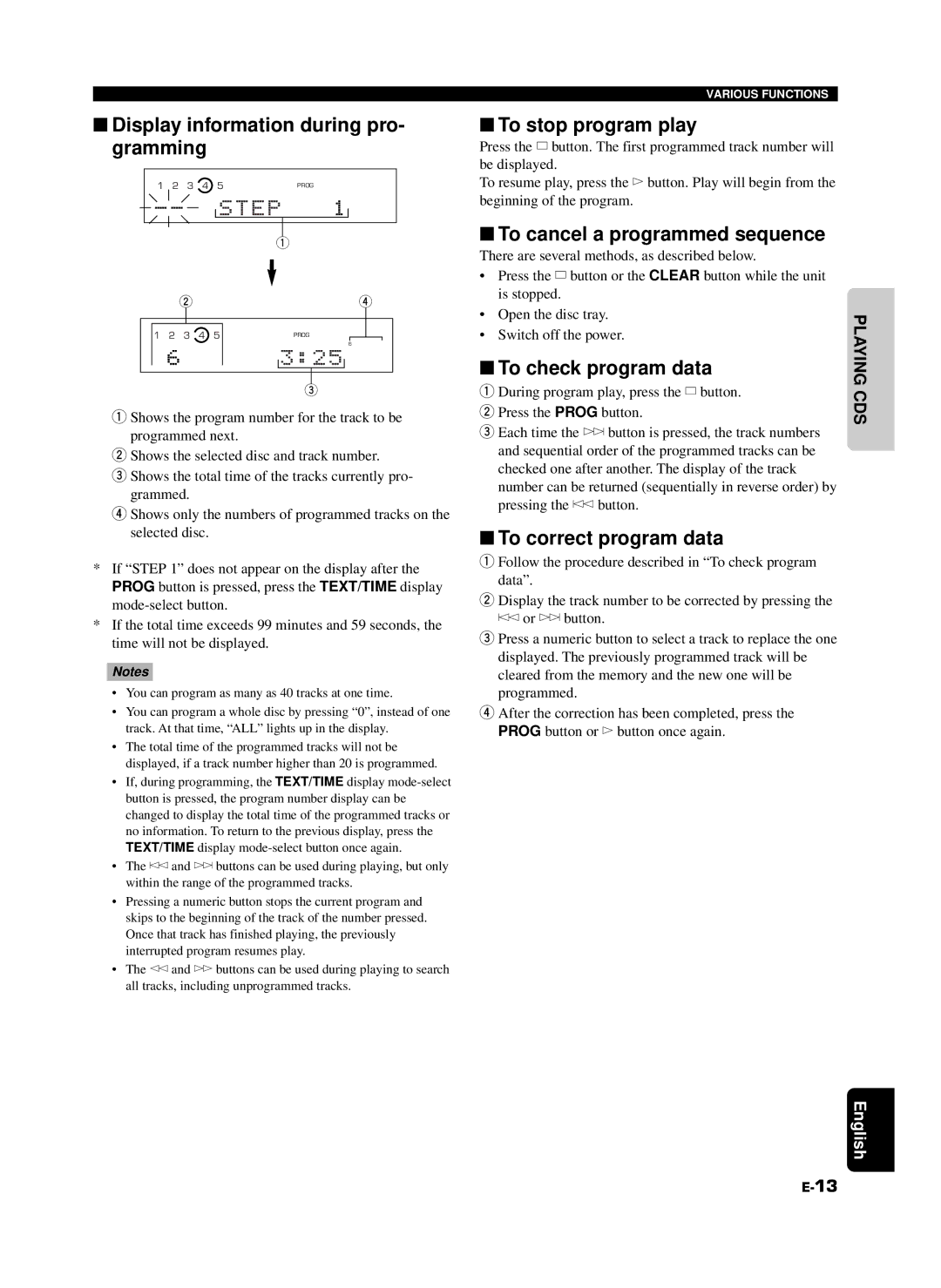 Yamaha CDC-685, 585 Display information during pro- gramming, To stop program play, To cancel a programmed sequence 