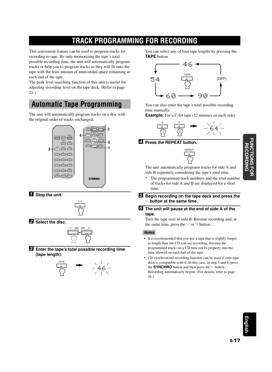 Yamaha CDC-685, 585 owner manual Track Programming for Recording, Automatic Tape Programming, Stop the unit Select the disc 