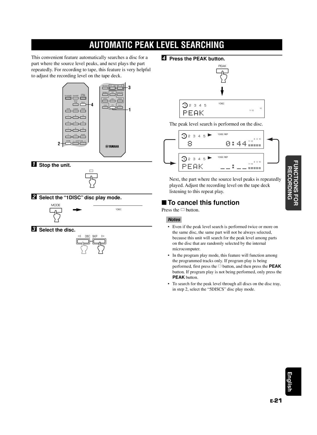 Yamaha CDC-685, 585 Automatic Peak Level Searching, Press the Peak button, Stop the unit Select the 1DISC disc play mode 