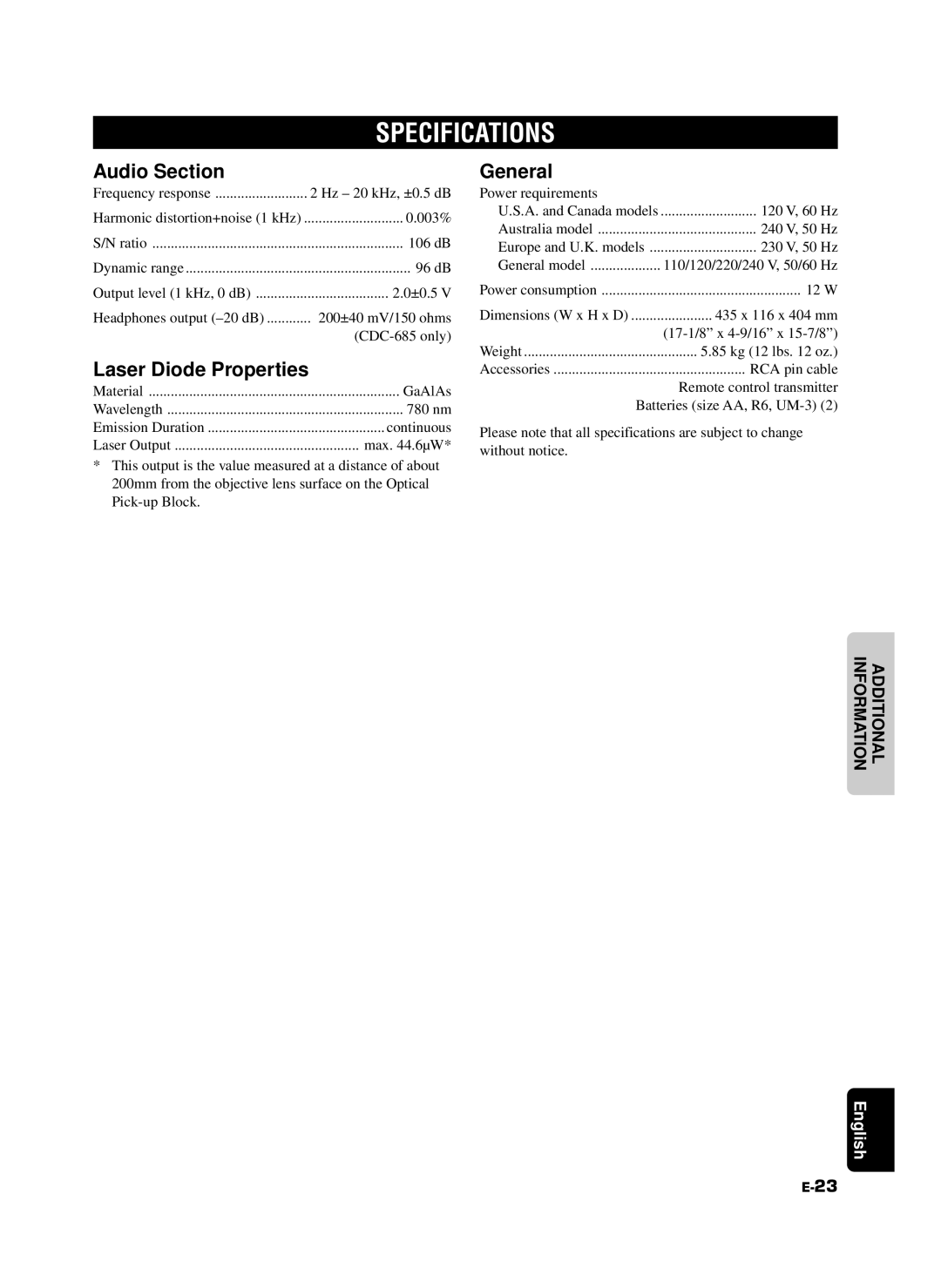 Yamaha CDC-685, 585 owner manual Specifications, Audio Section, Laser Diode Properties, General 