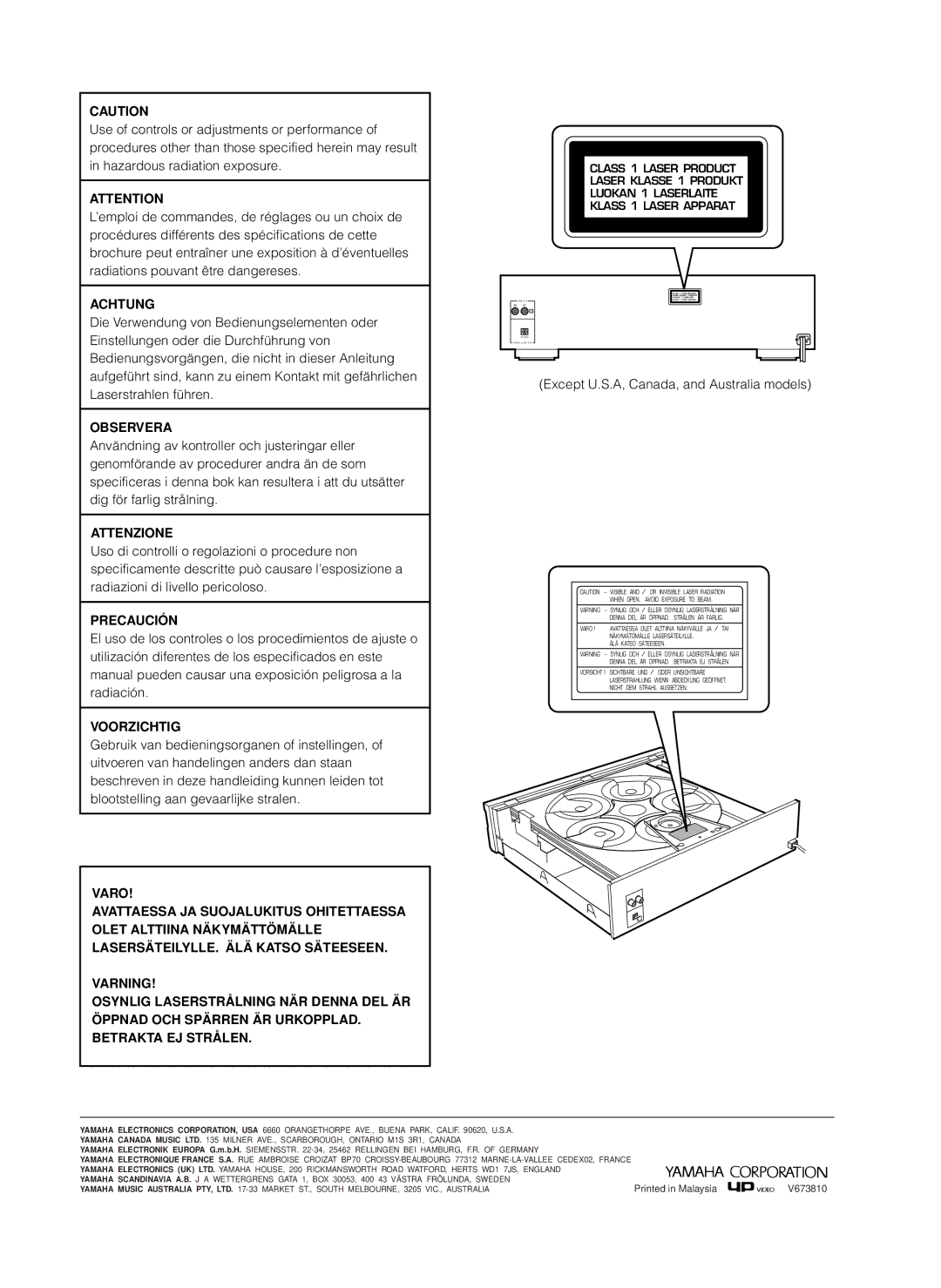 Yamaha 585, CDC-685 owner manual Achtung 