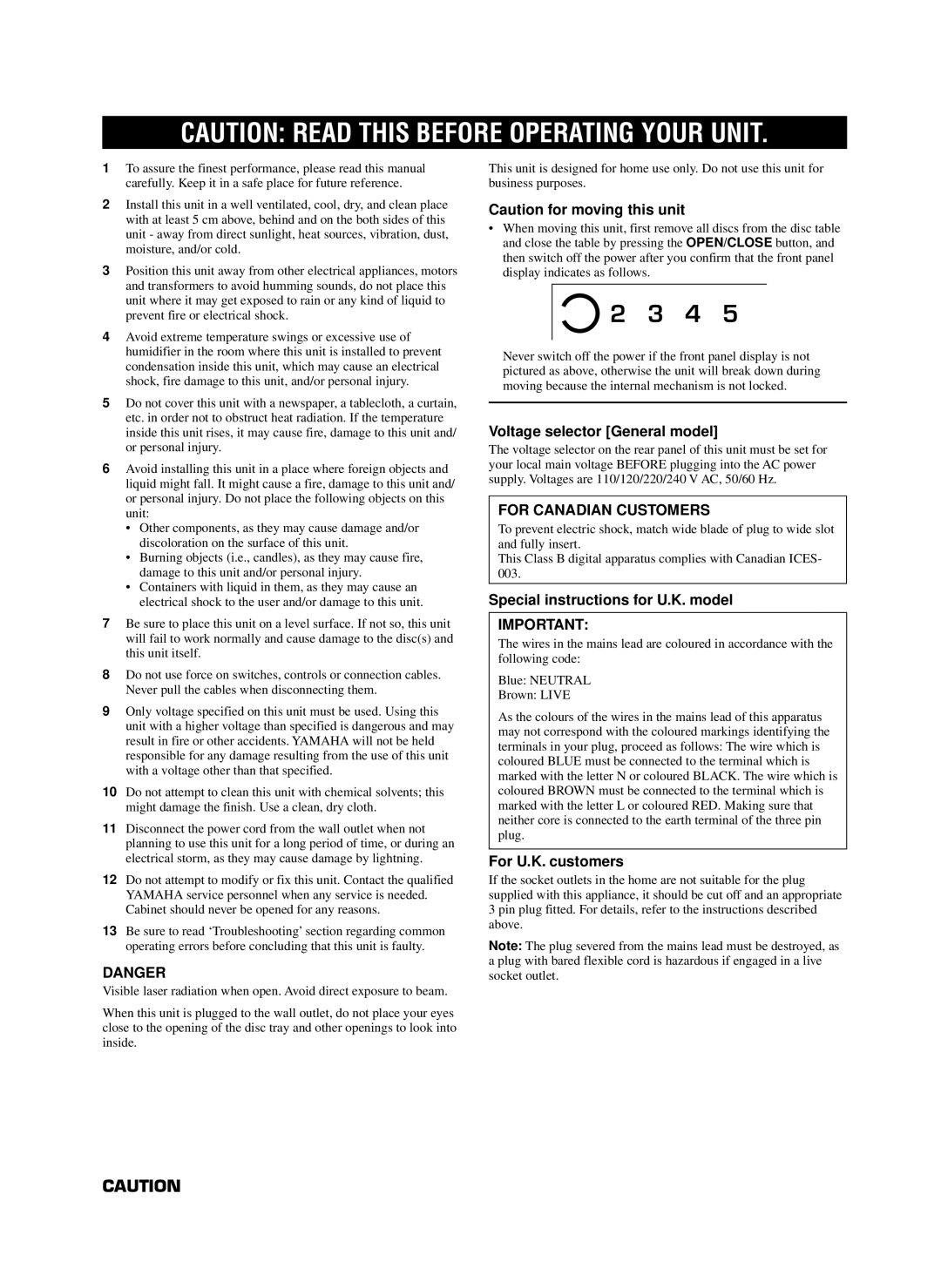 Yamaha 585, CDC-685 owner manual Voltage selector General model, Special instructions for U.K. model, For U.K. customers 