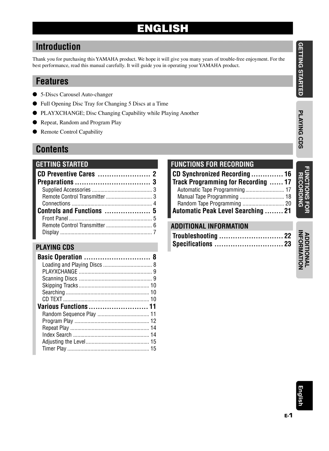 Yamaha CDC-685, 585 owner manual Introduction, Features, Contents 