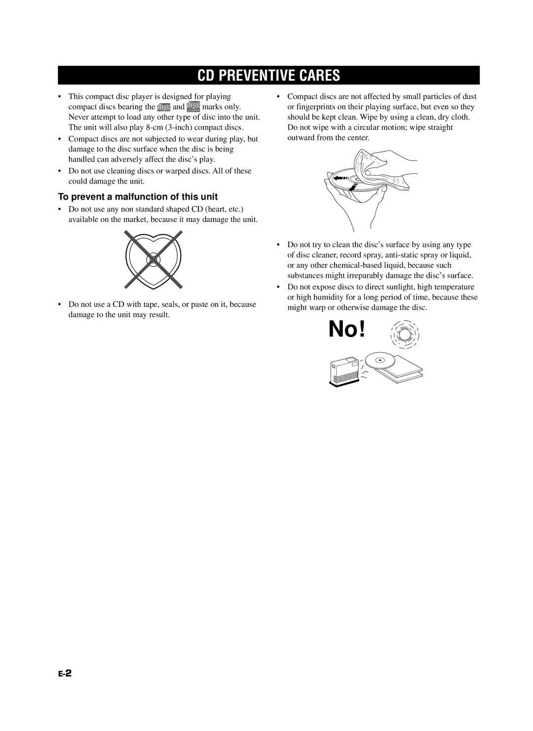 Yamaha 585, CDC-685 owner manual CD Preventive Cares, To prevent a malfunction of this unit 