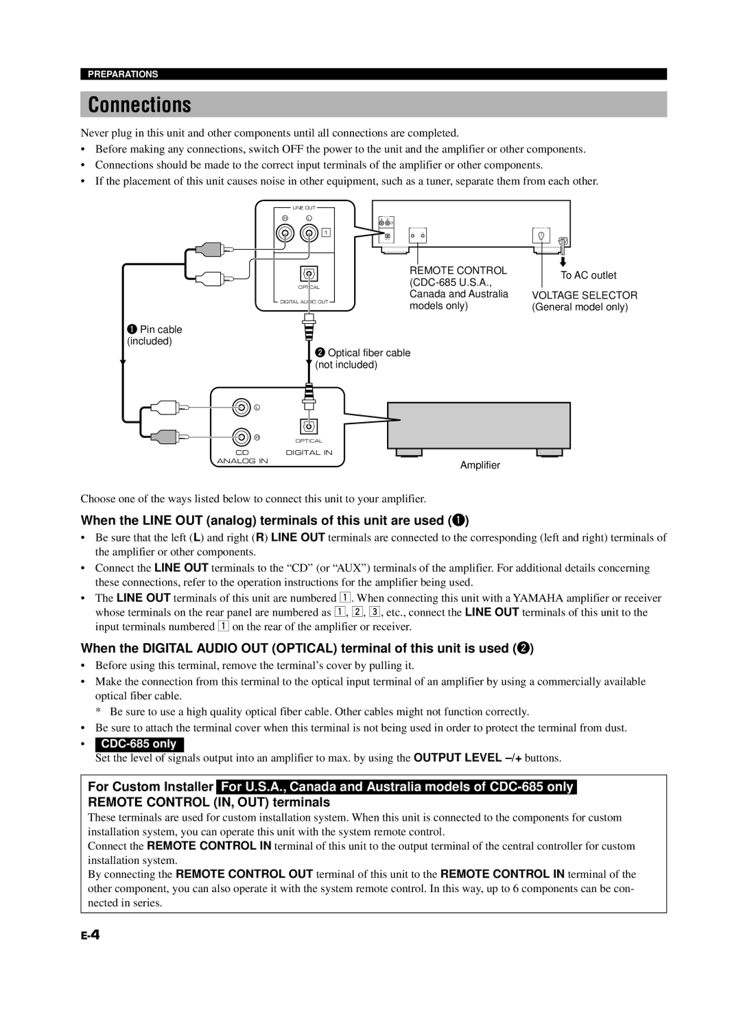 Yamaha 585, CDC-685 owner manual Connections, When the Line OUT analog terminals of this unit are used 