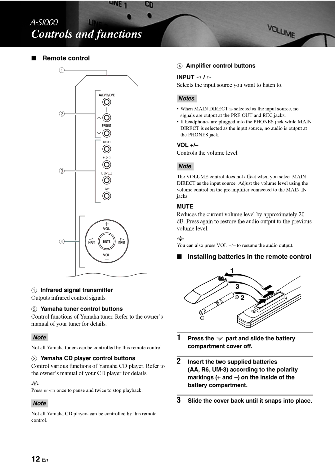 Yamaha A-S1000 owner manual 12 En, Remote control, Installing batteries in the remote control, Mute 