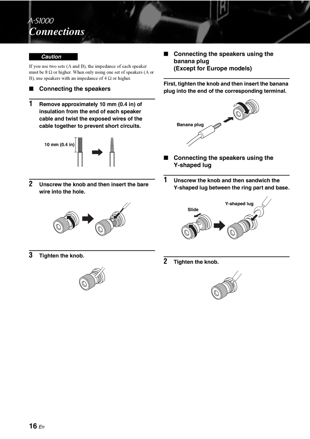 Yamaha A-S1000 owner manual 16 En, Connecting the speakers using the Y-shaped lug 