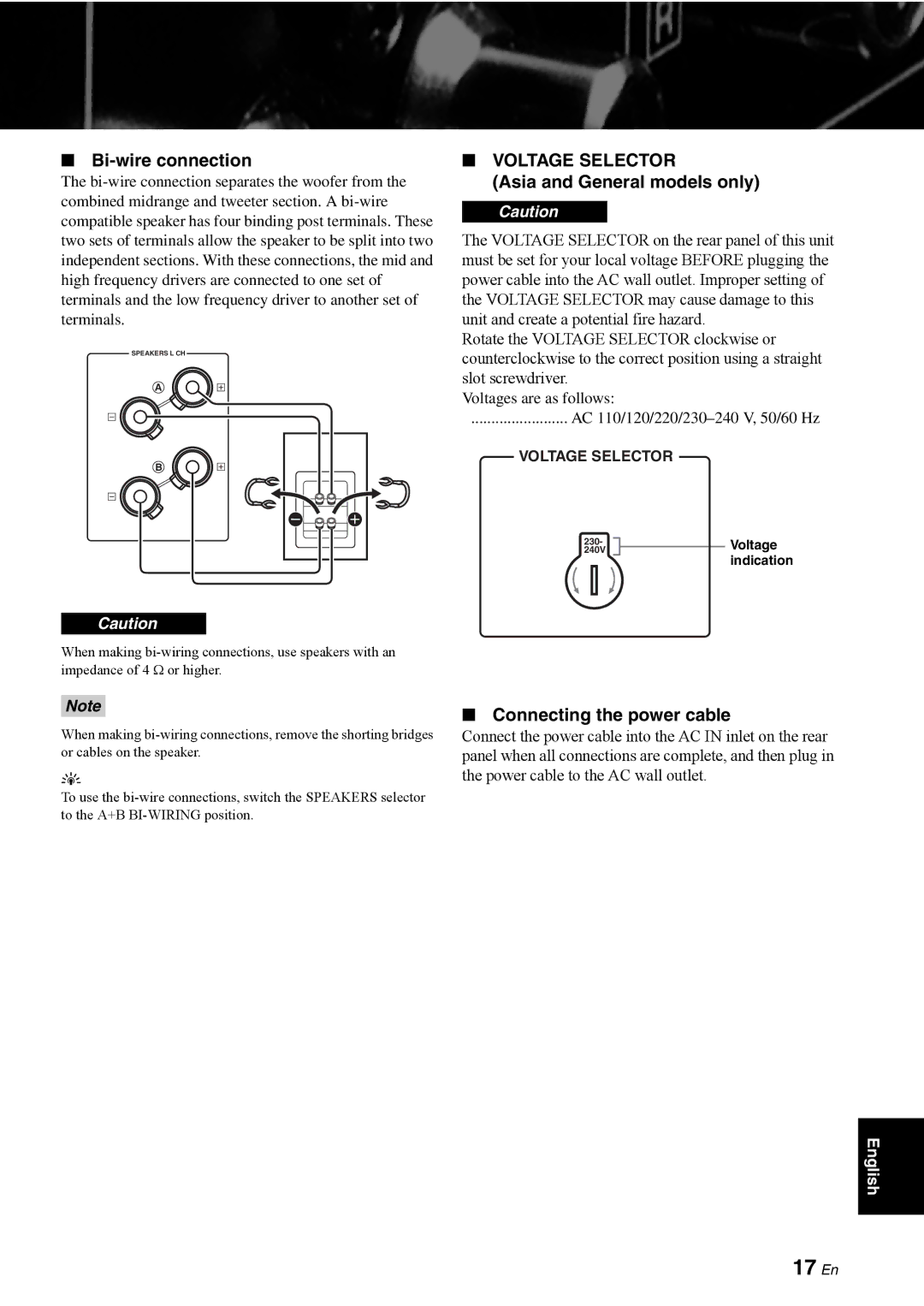 Yamaha A-S1000 owner manual 17 En, Bi-wire connection, Asia and General models only, Connecting the power cable 