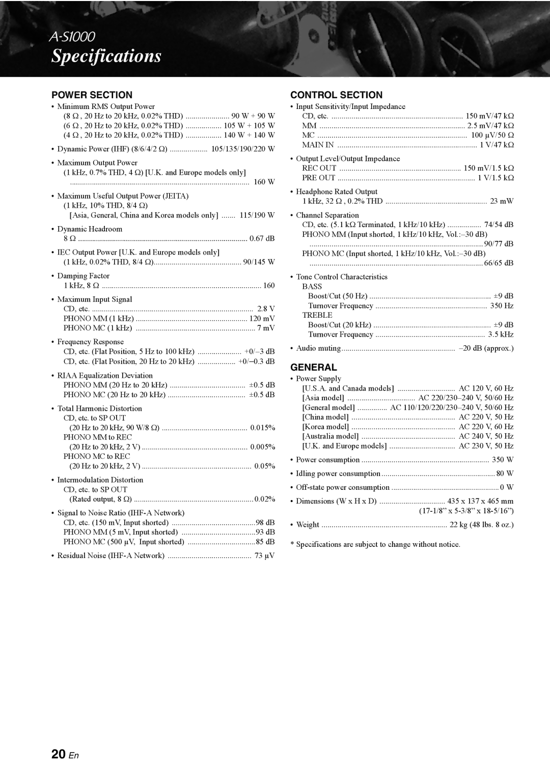 Yamaha A-S1000 owner manual Specifications, 20 En, Power Section, Control Section, General 