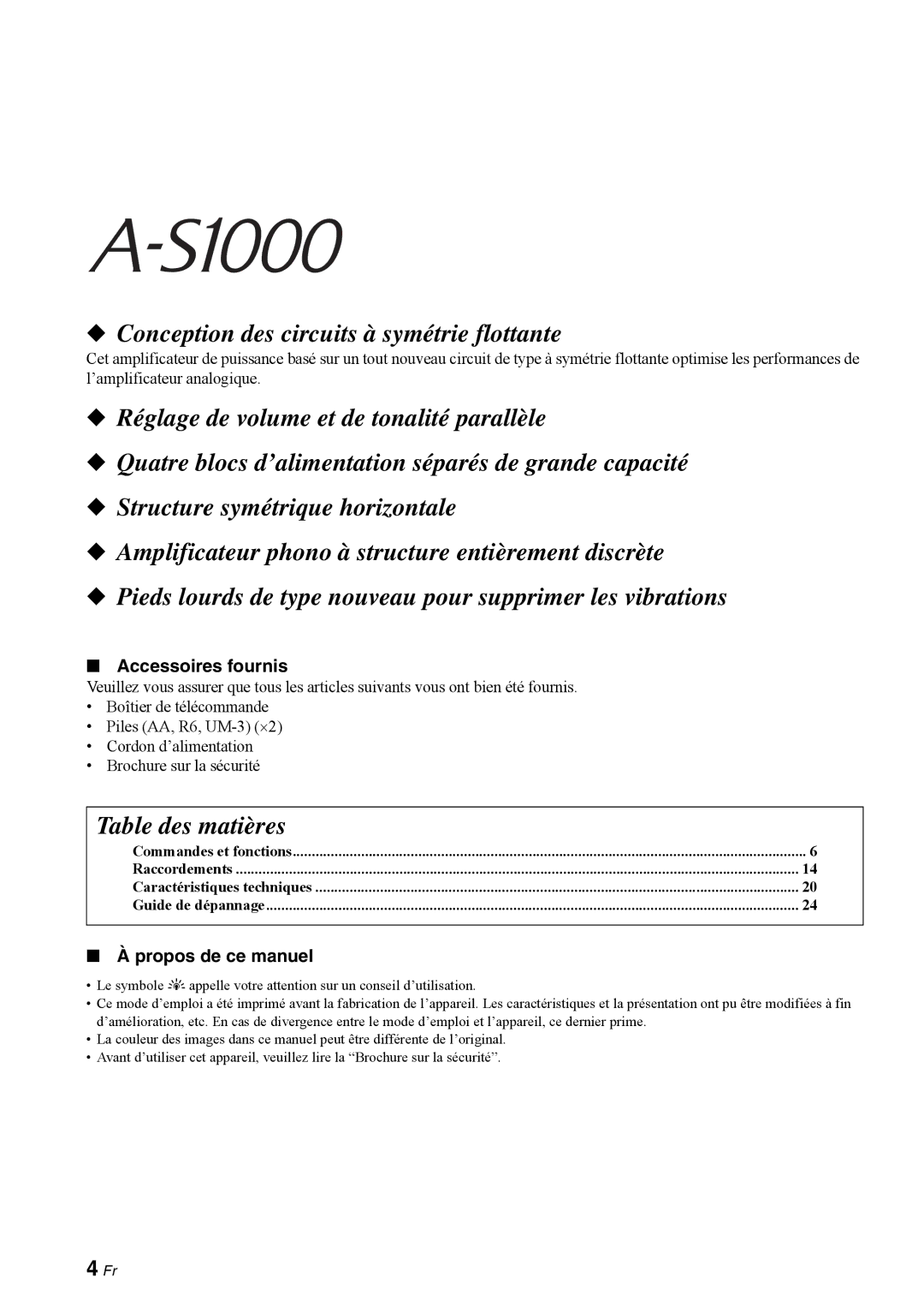 Yamaha A-S1000 owner manual Accessoires fournis, Propos de ce manuel 