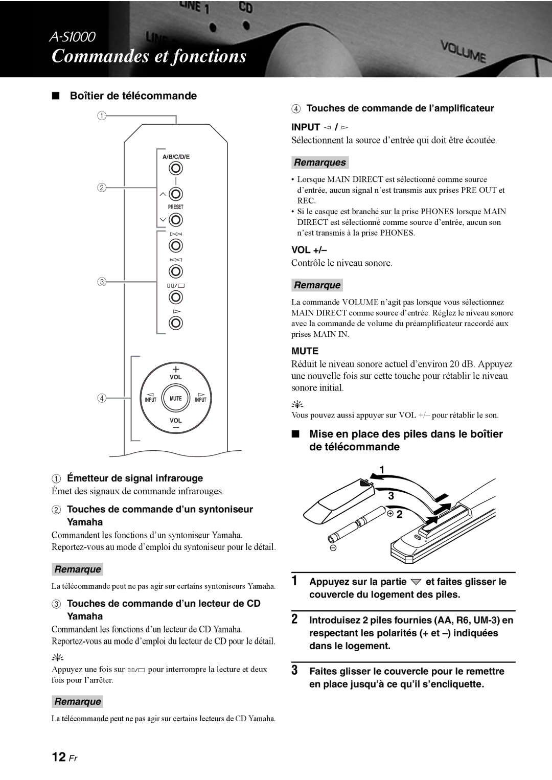 Yamaha A-S1000 owner manual 12 Fr, Boîtier de télécommande, Mise en place des piles dans le boîtier de télécommande 