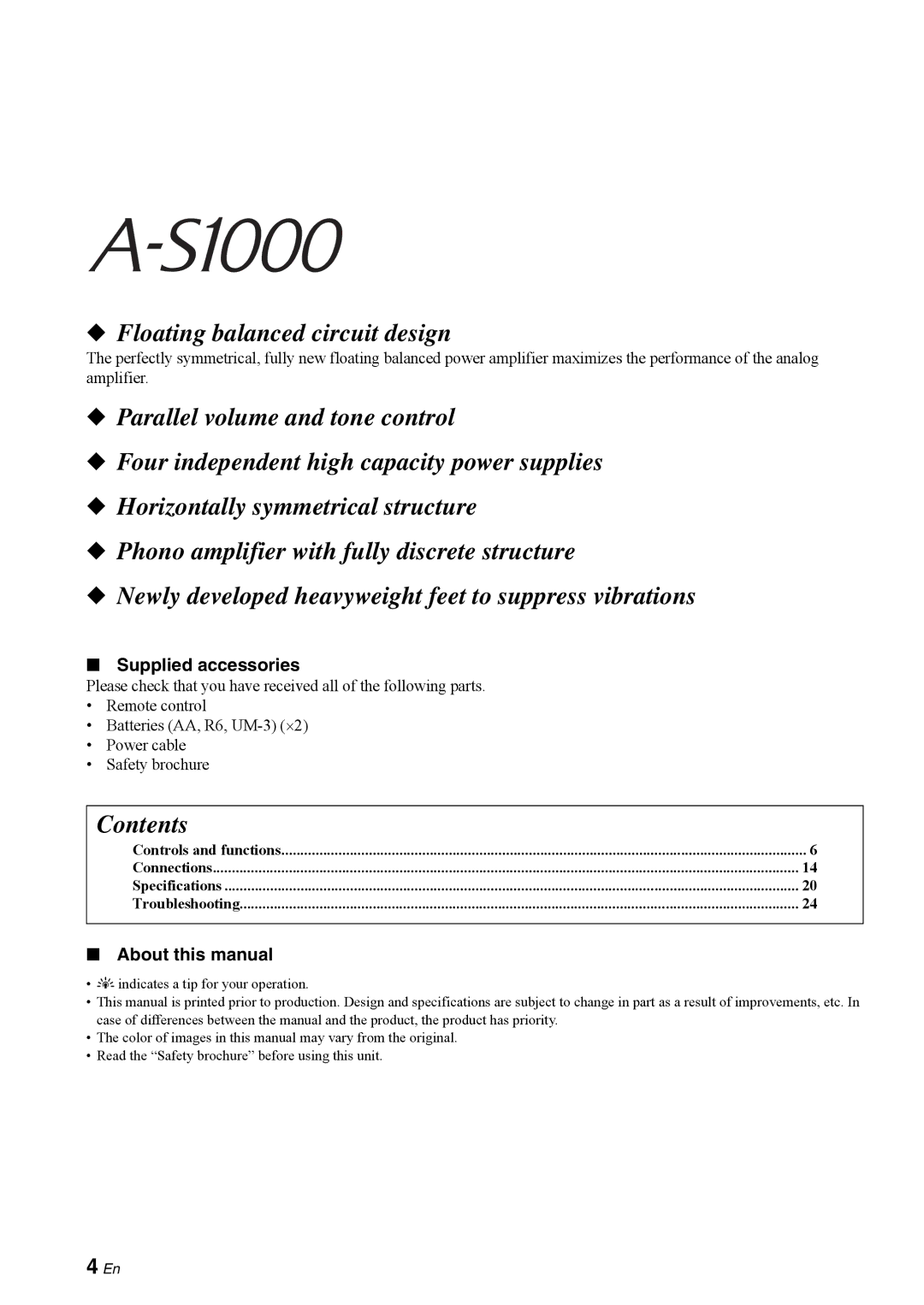 Yamaha A-S1000 owner manual Floating balanced circuit design 