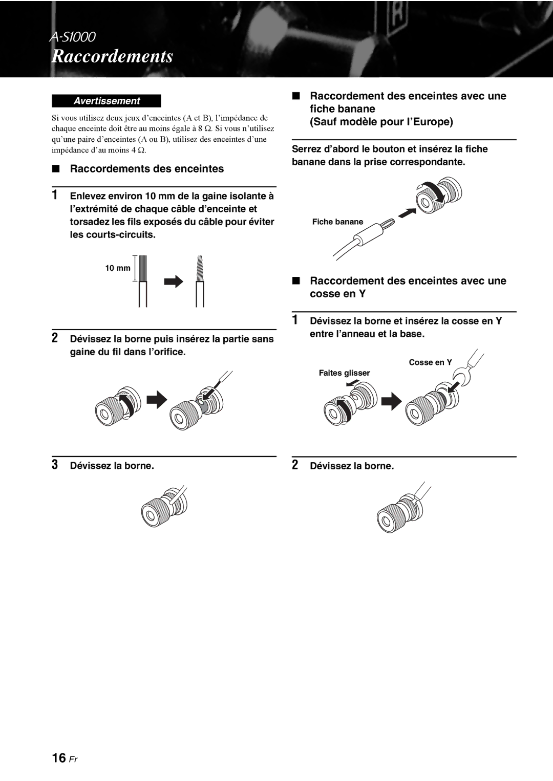 Yamaha A-S1000 16 Fr, Raccordements des enceintes, Raccordement des enceintes avec une cosse en Y, Dévissez la borne 