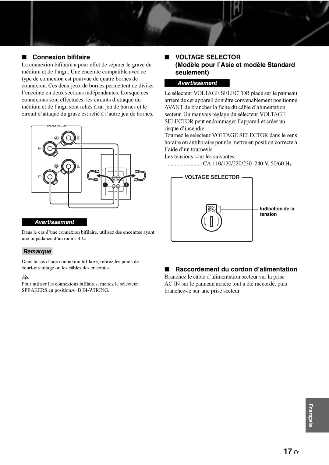 Yamaha A-S1000 owner manual 17 Fr, Connexion bifilaire, Modèle pour l’Asie et modèle Standard seulement 