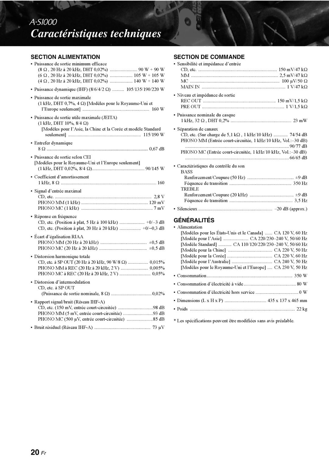 Yamaha A-S1000 owner manual Caractéristiques techniques, 20 Fr, Section Alimentation, Section DE Commande, Généralités 