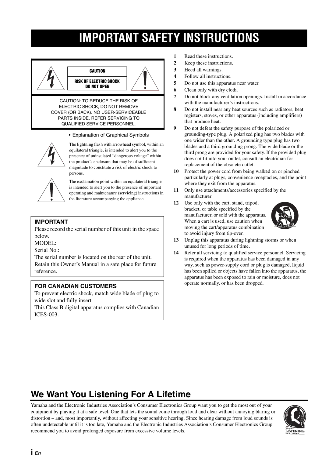 Yamaha A-S1000 owner manual Important Safety Instructions, For Canadian Customers 