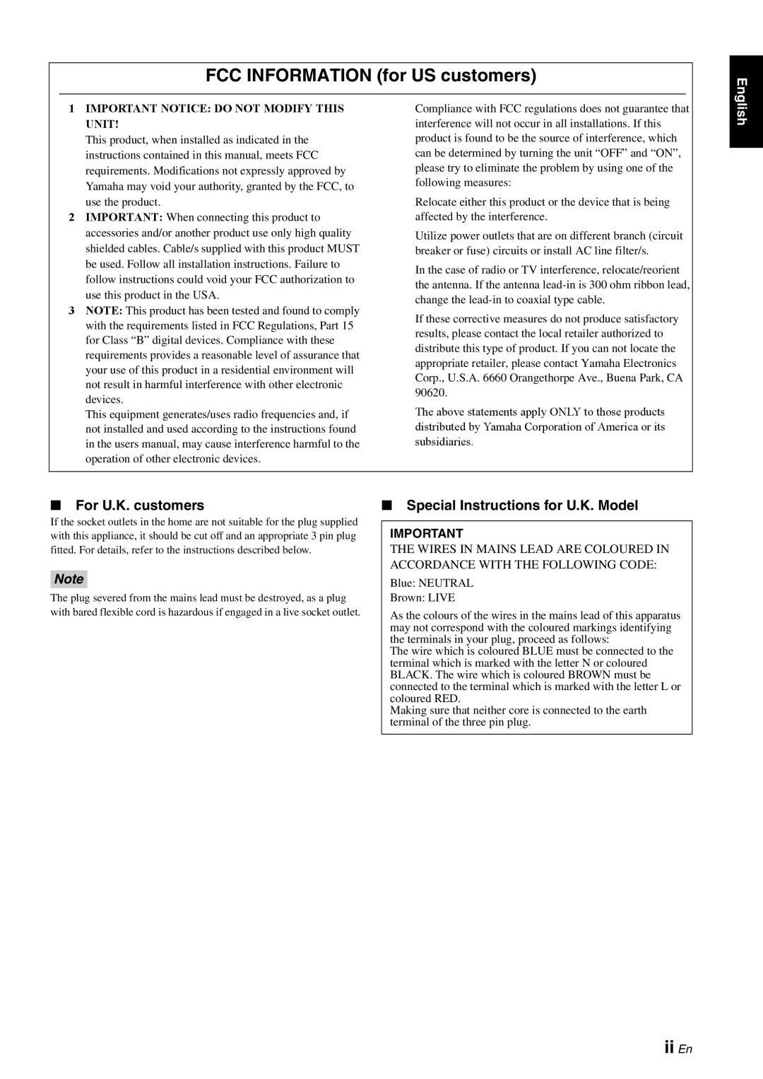 Yamaha A-S1000 FCC Information for US customers, Ii En, For U.K. customers, Special Instructions for U.K. Model 