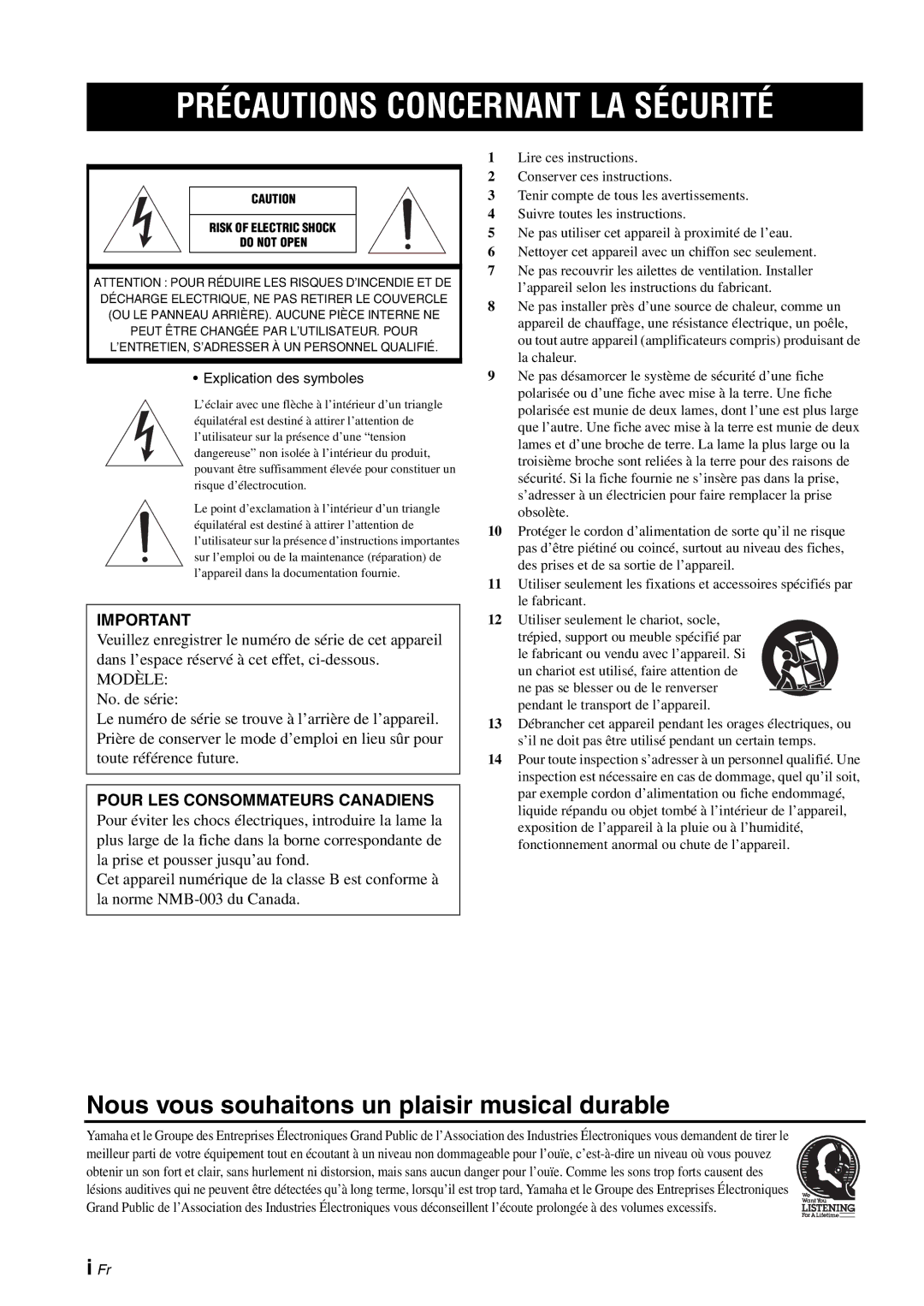 Yamaha A-S1000 owner manual Précautions Concernant LA Sécurité, Pour LES Consommateurs Canadiens 