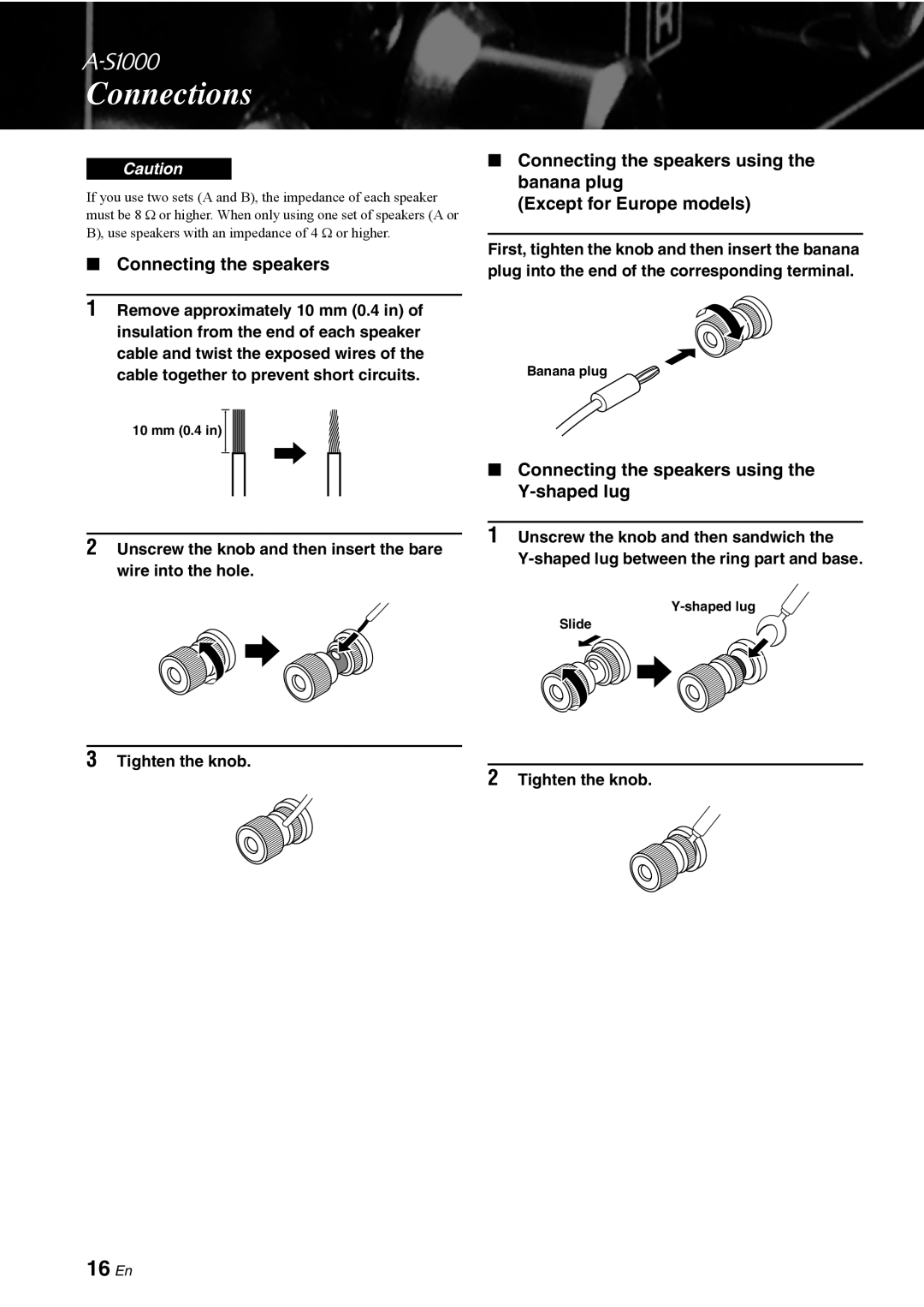 Yamaha A-S1000 owner manual 16 En, Connecting the speakers using the banana plug, Except for Europe models, Connections 