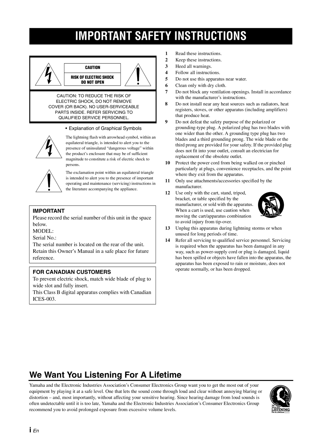 Yamaha A-S1000 owner manual Important Safety Instructions, We Want You Listening For A Lifetime, i En 