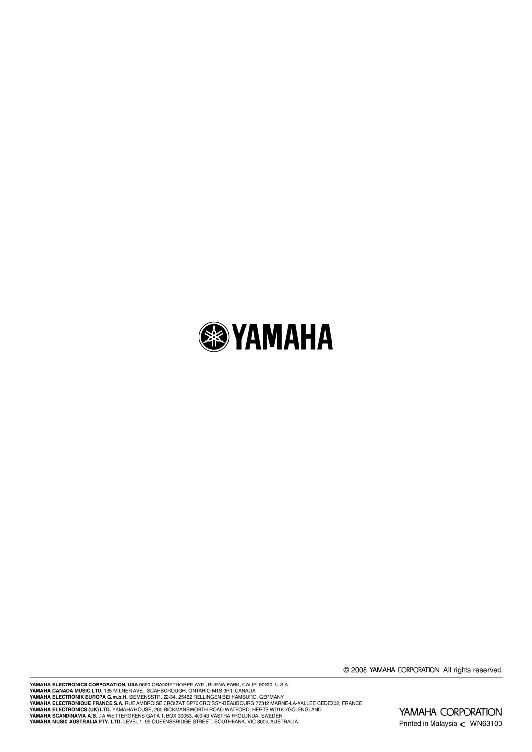 Yamaha A-S1000 owner manual 2008, WN63100, All rights reserved 