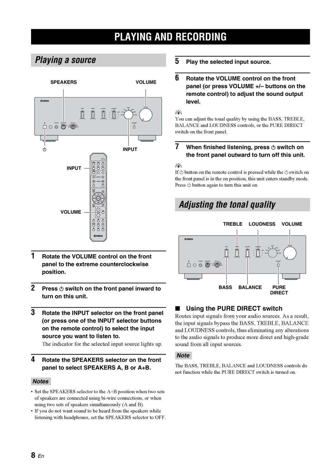Yamaha A-S300BL Playing and Recording, Playing a source, Adjusting the tonal quality, Using the Pure Direct switch 