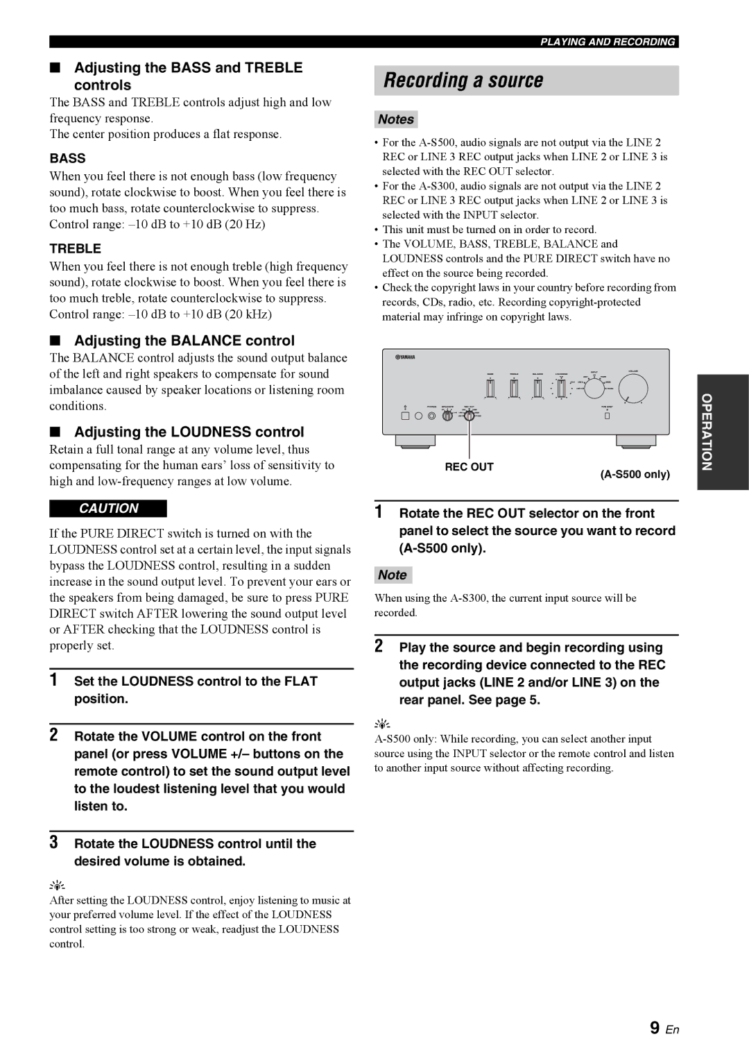 Yamaha A-S300BL owner manual Recording a source, Adjusting the Bass and Treble Controls, Adjusting the Balance control 