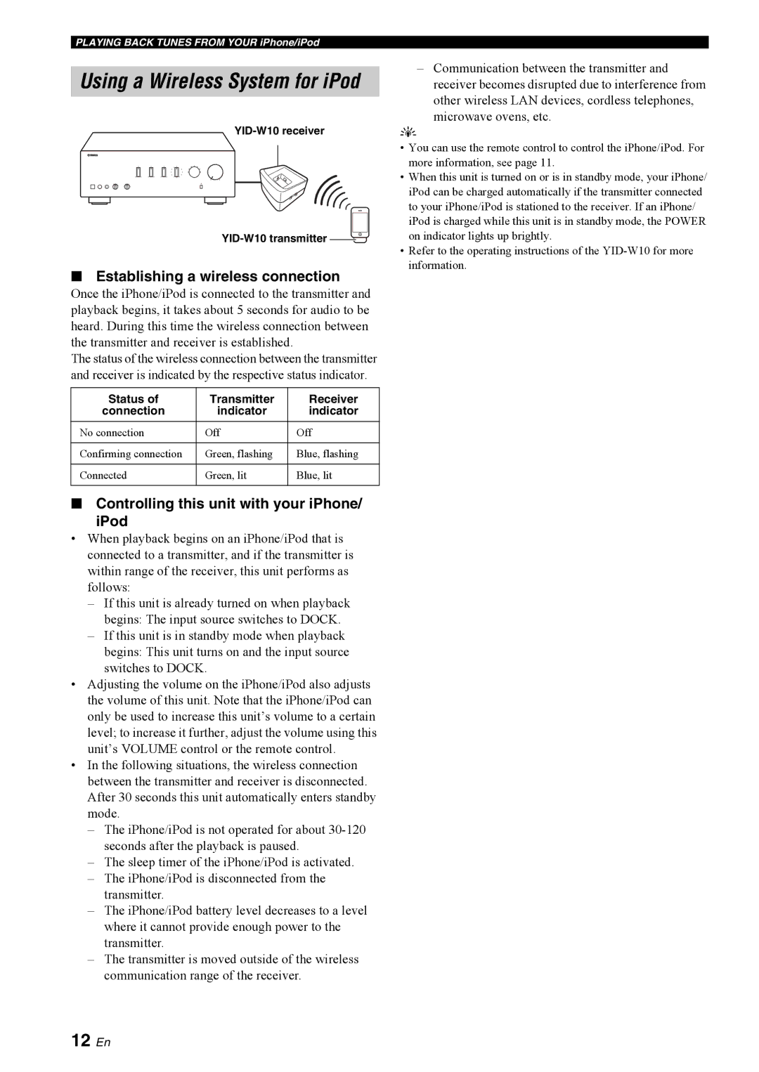 Yamaha A-S300BL 12 En, Establishing a wireless connection, Controlling this unit with your iPhone IPod, Indicator 