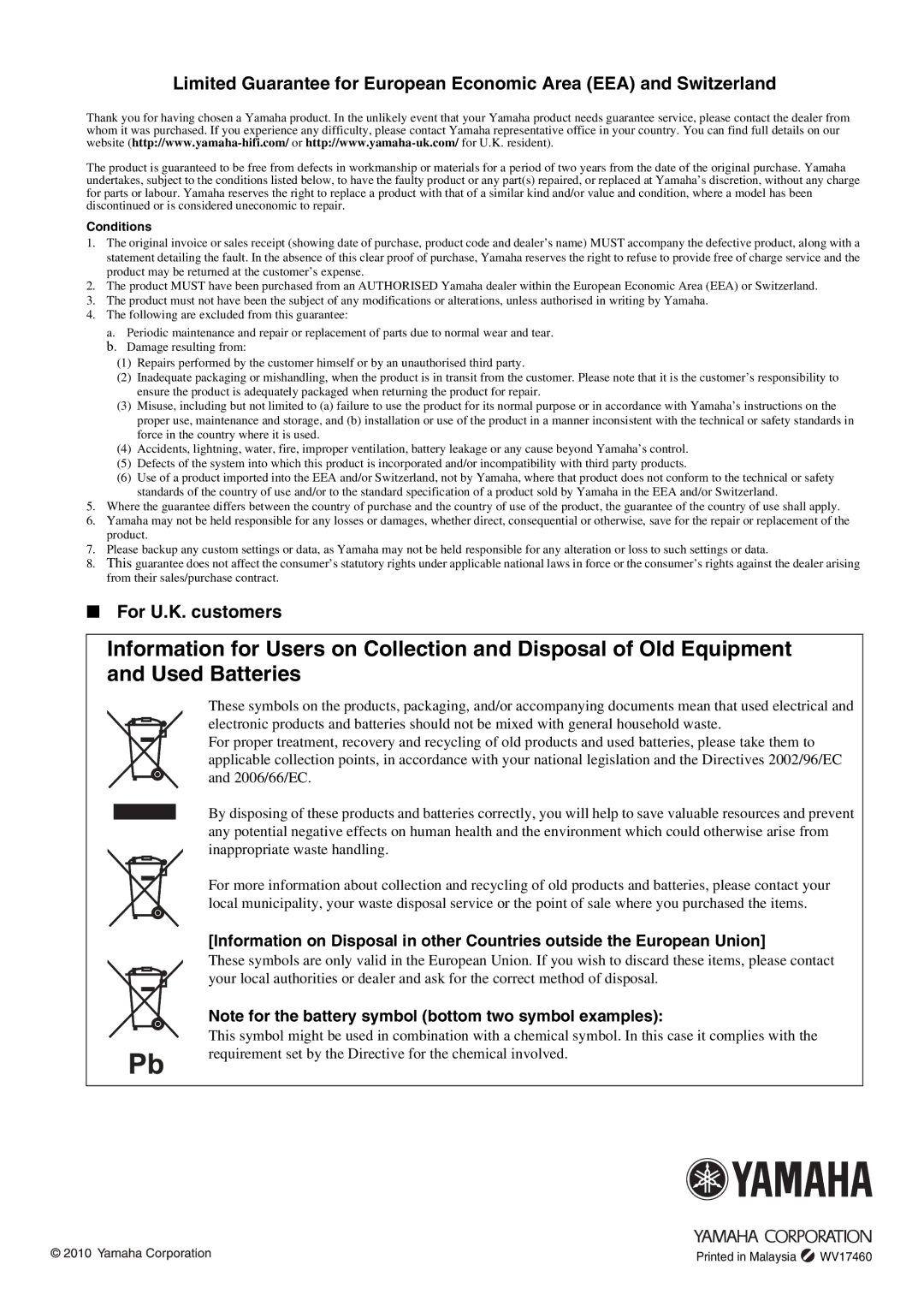 Yamaha A-S300BL owner manual For U.K. customers, Conditions 