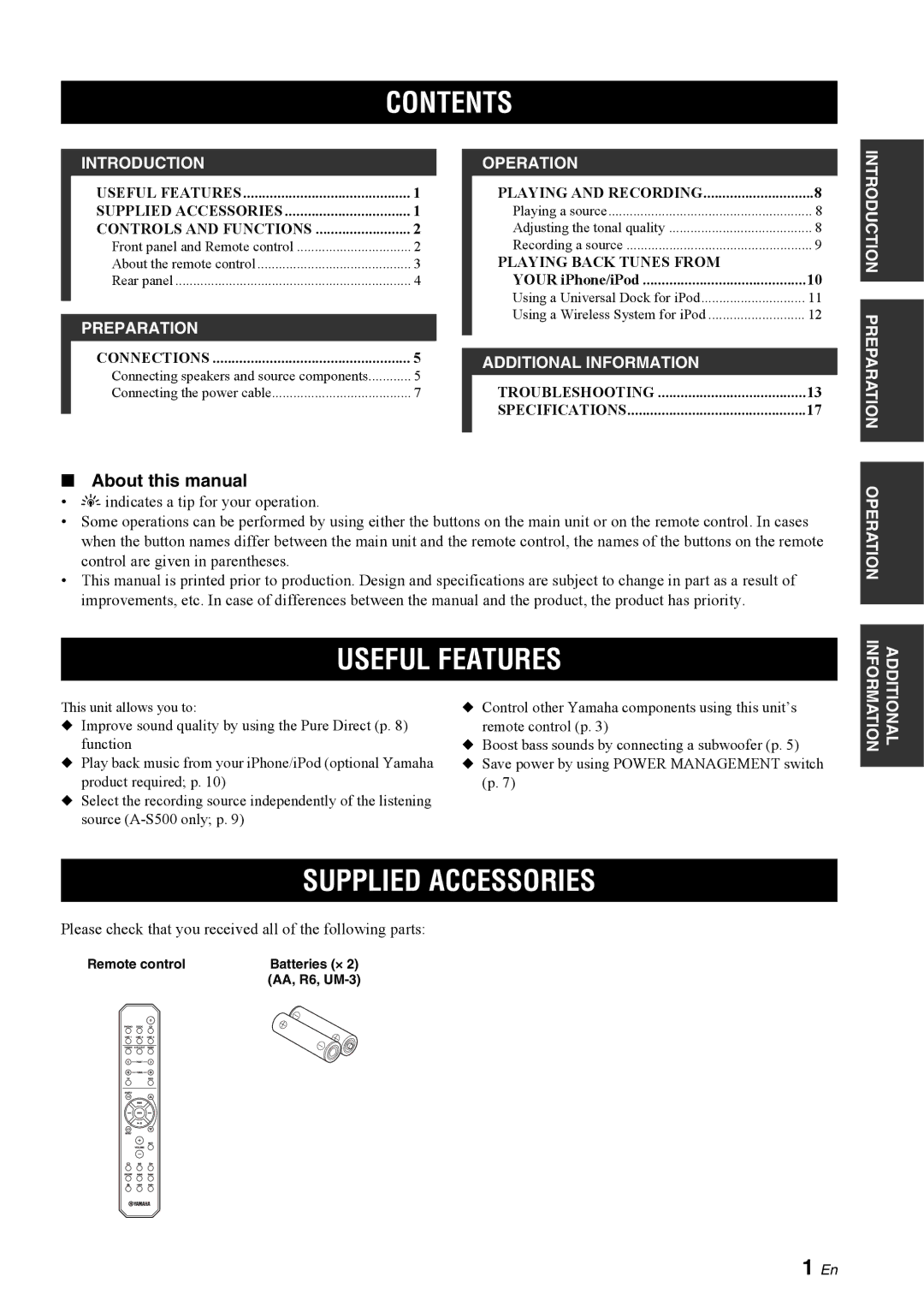 Yamaha A-S300BL owner manual Contents, Useful Features 