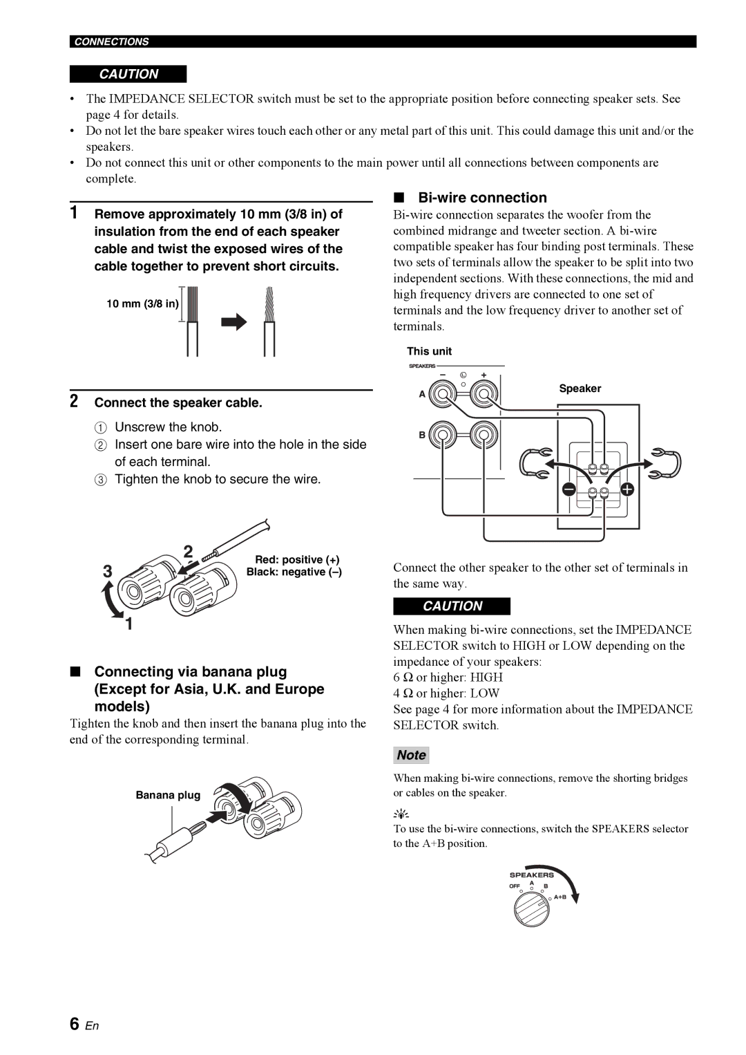 Yamaha A-S300BL owner manual Bi-wire connection, Connect the speaker cable 