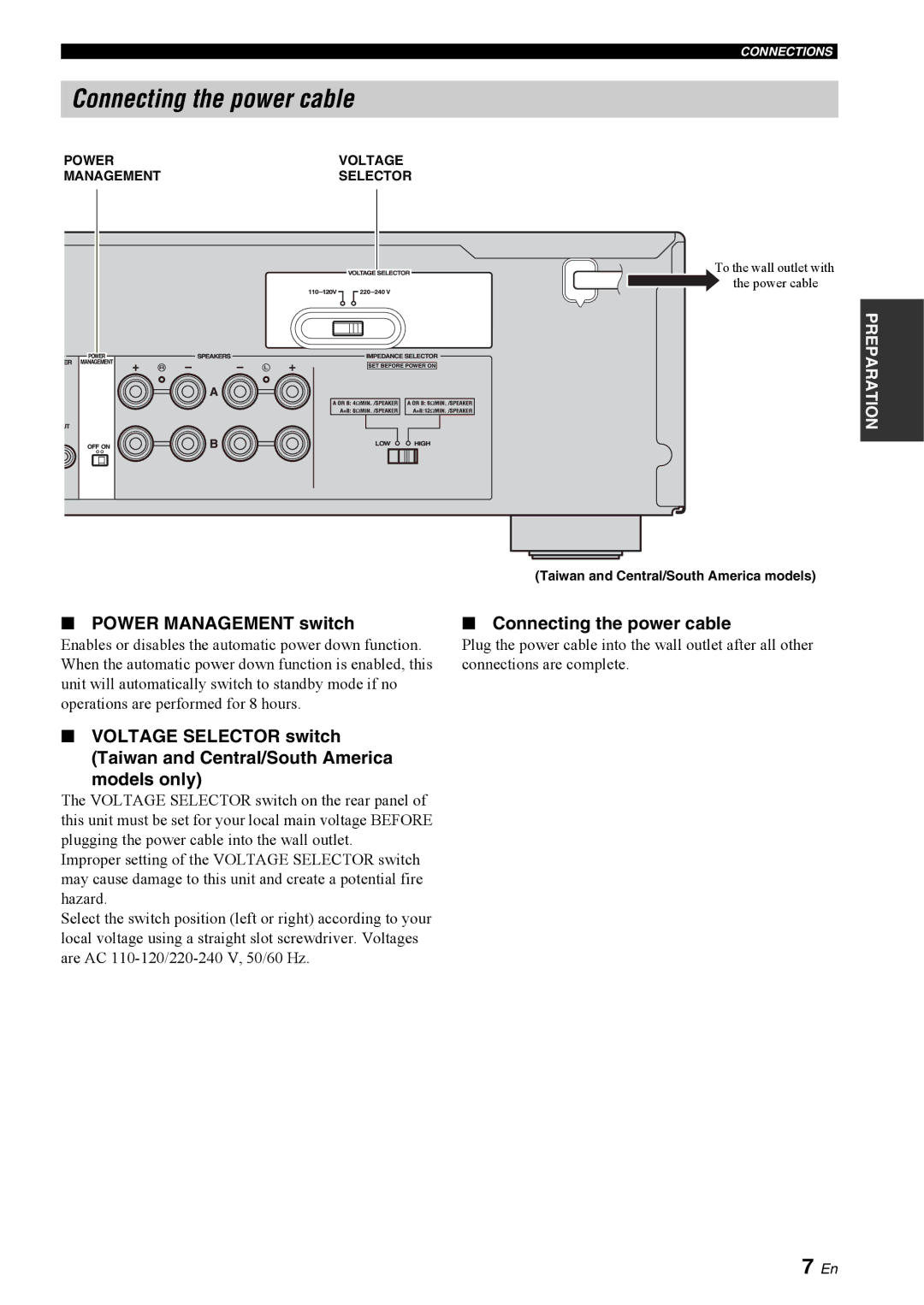 Yamaha A-S300BL owner manual Power Management switch Connecting the power cable 