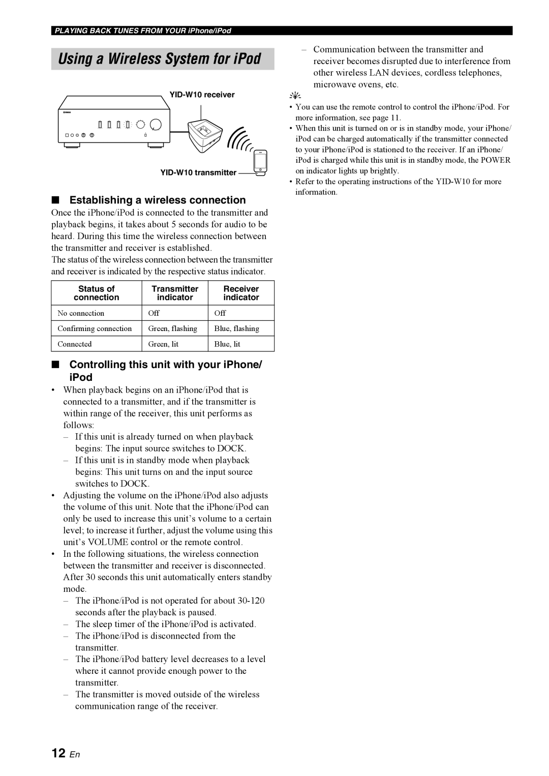 Yamaha A-S300BL owner manual Using a Wireless System for iPod, 12 En, Establishing a wireless connection 