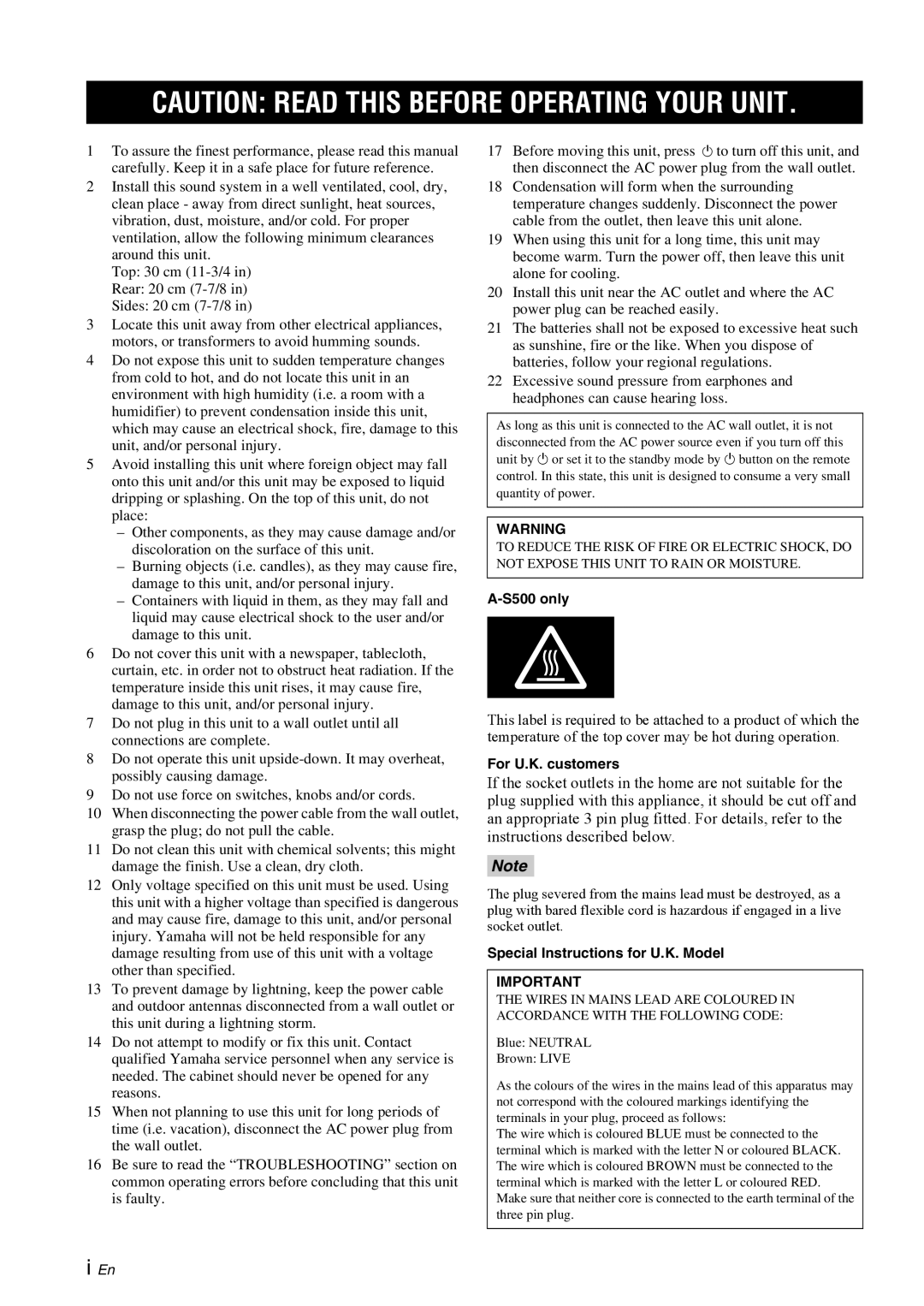 Yamaha A-S300BL owner manual Caution Read This Before Operating Your Unit, i En, A-S500only, For U.K. customers 