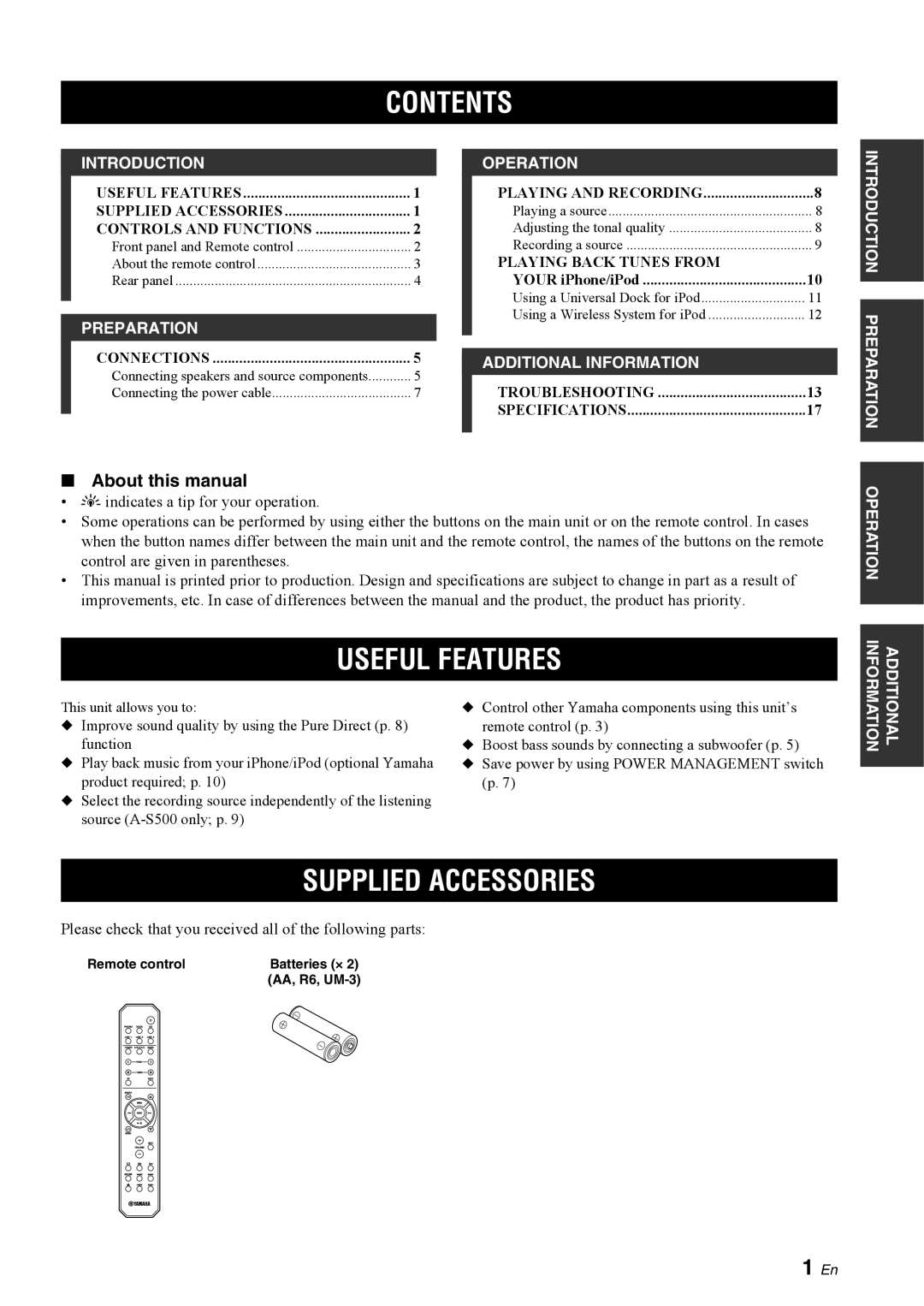 Yamaha A-S300BL Contents, Useful Features, 1 En, About this manual, Introduction, Preparation, Operation, Information 