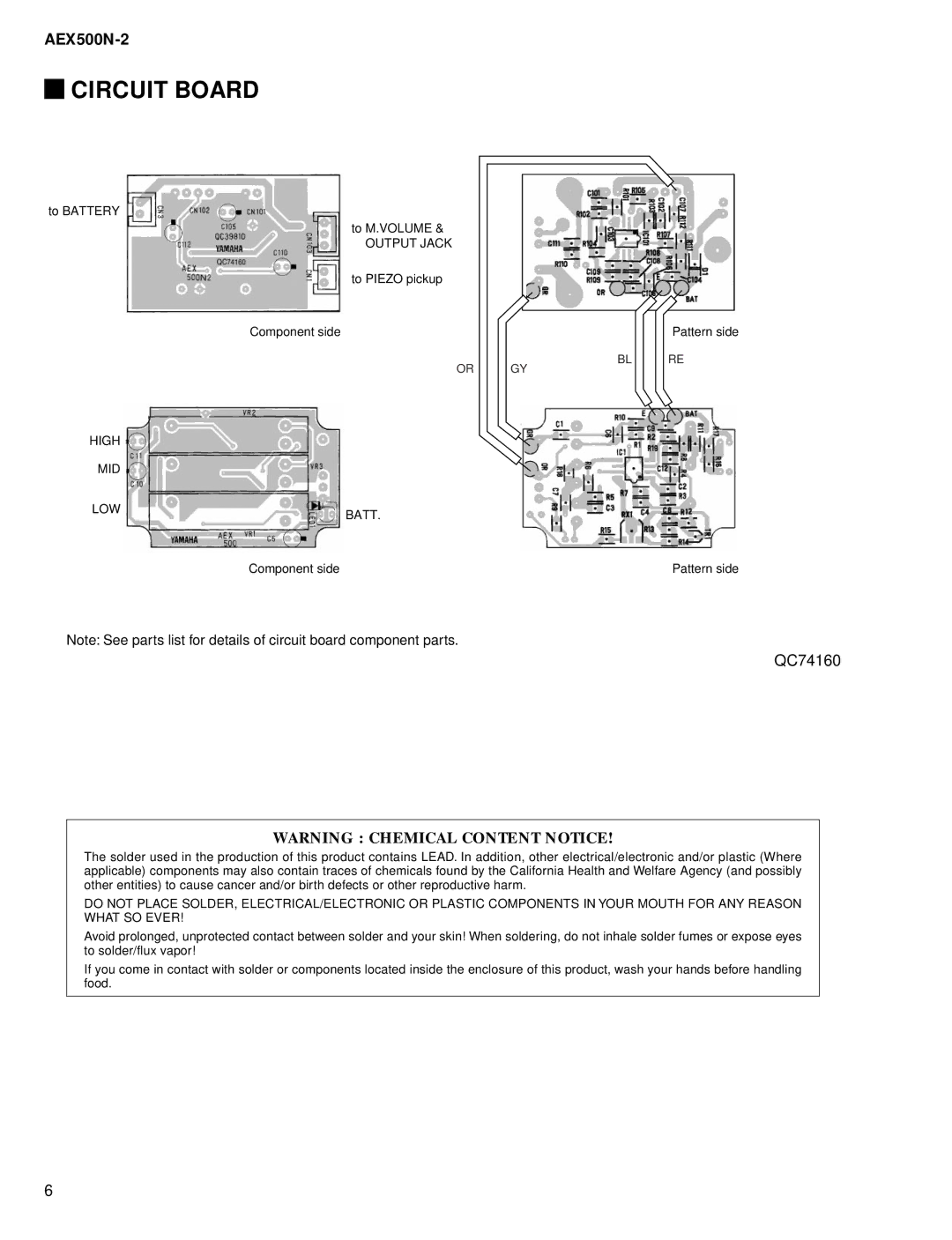 Yamaha AEX500N-2 service manual Circuit Board, QC74160, Output Jack, High MID LOW Batt 