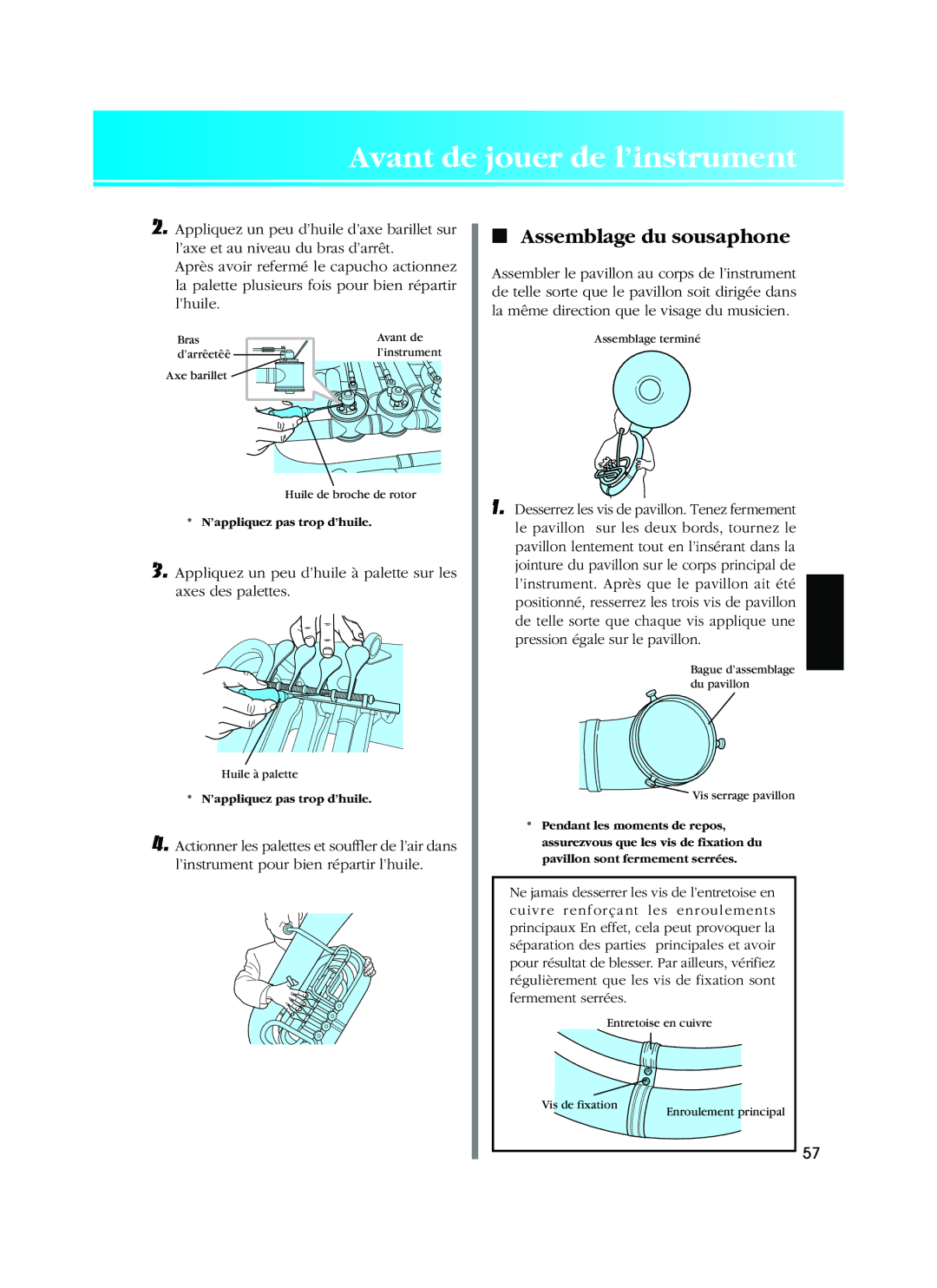 Yamaha Alto Horn/Baritone/ Euphonium/Tuba/Sousaphone owner manual Avant de jouer de l’instrument, Assemblage du sousaphone 