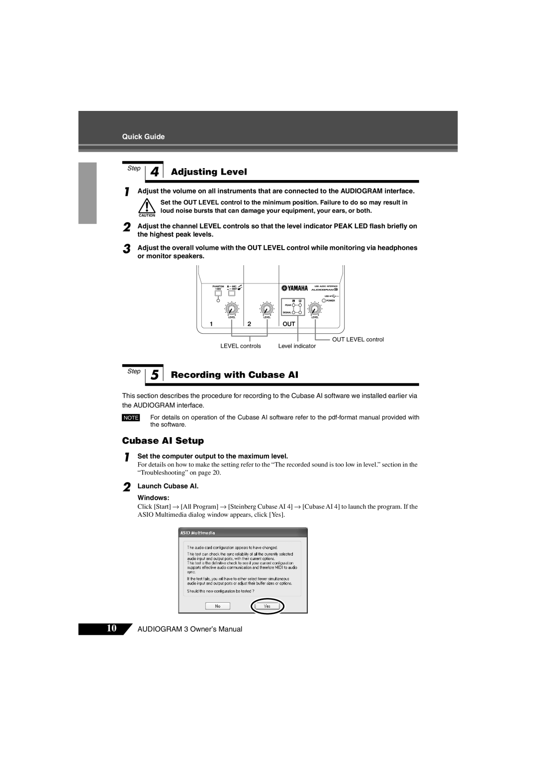 Yamaha Audiogram 3 owner manual Adjusting Level, Recording with Cubase AI, Cubase AI Setup, Launch Cubase AI Windows 