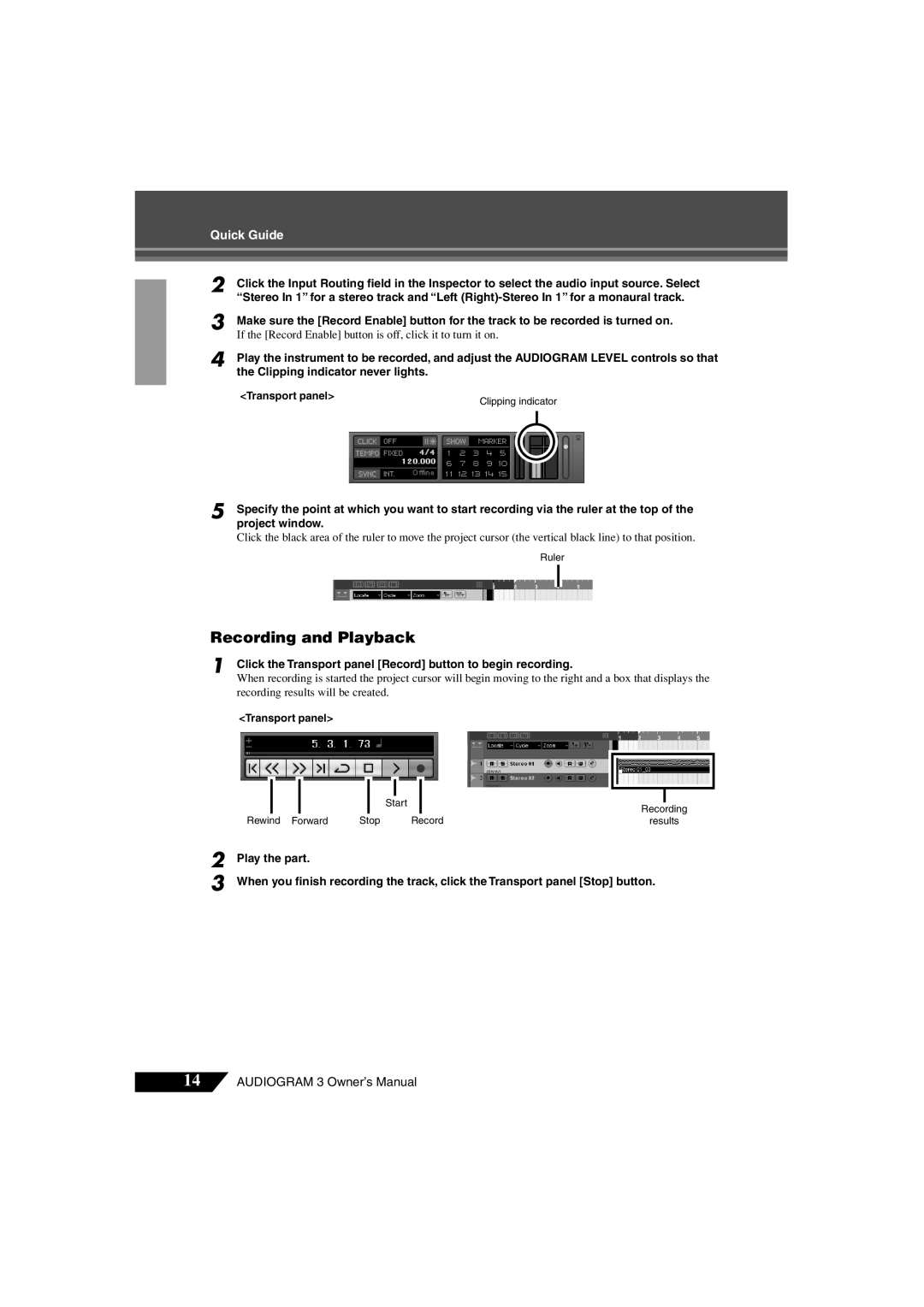 Yamaha Audiogram 3 owner manual Recording and Playback, Click the Transport panel Record button to begin recording 