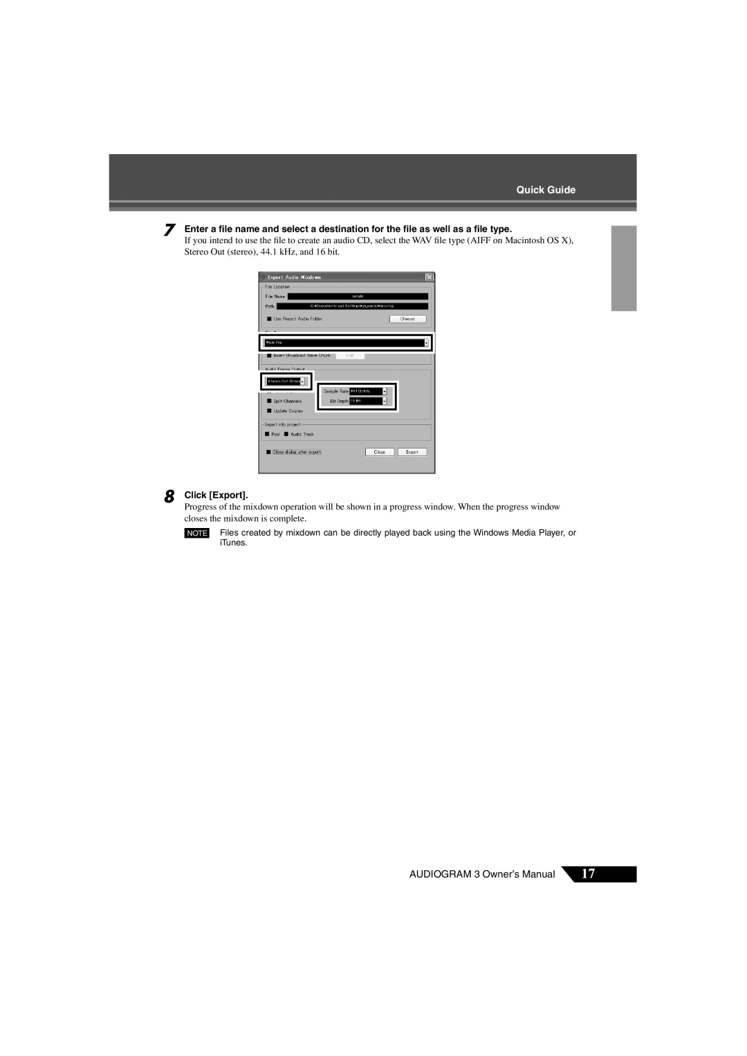 Yamaha Audiogram 3 owner manual Click Export 