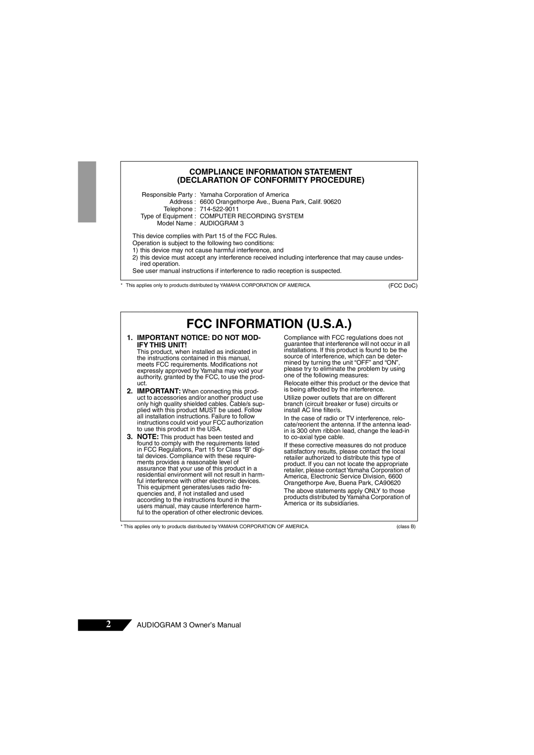 Yamaha Audiogram 3 owner manual FCC Information U.S.A 