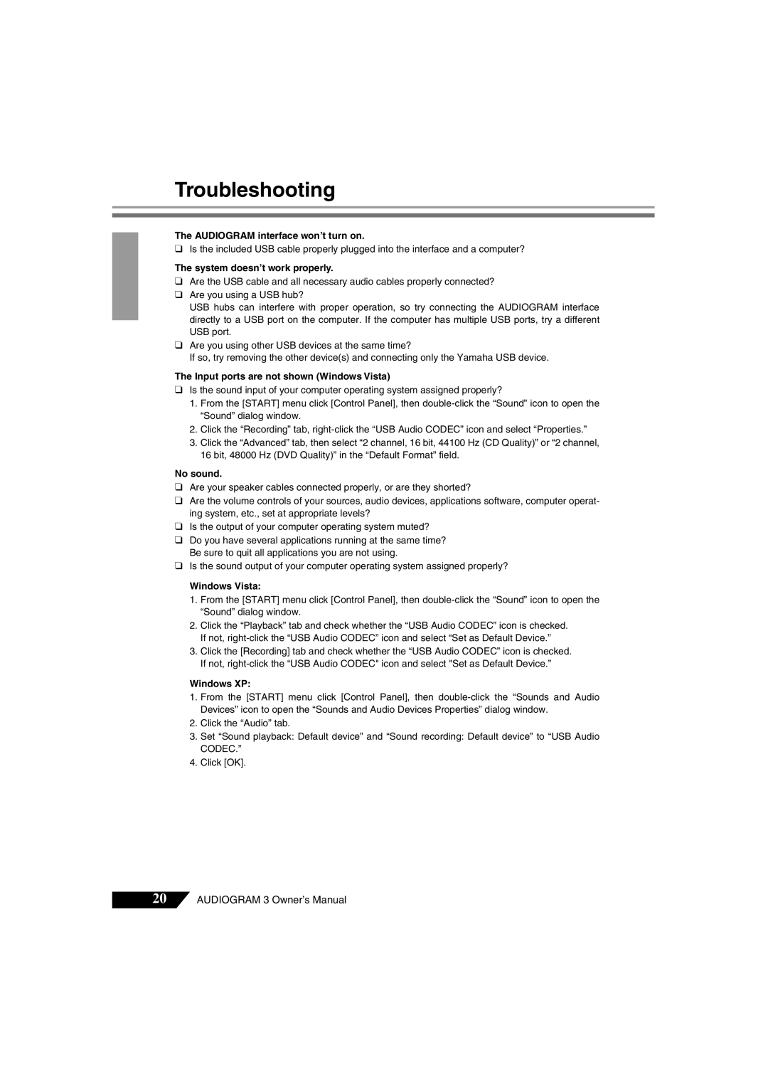 Yamaha Audiogram 3 owner manual Audiogram interface won’t turn on, System doesn’t work properly, No sound 