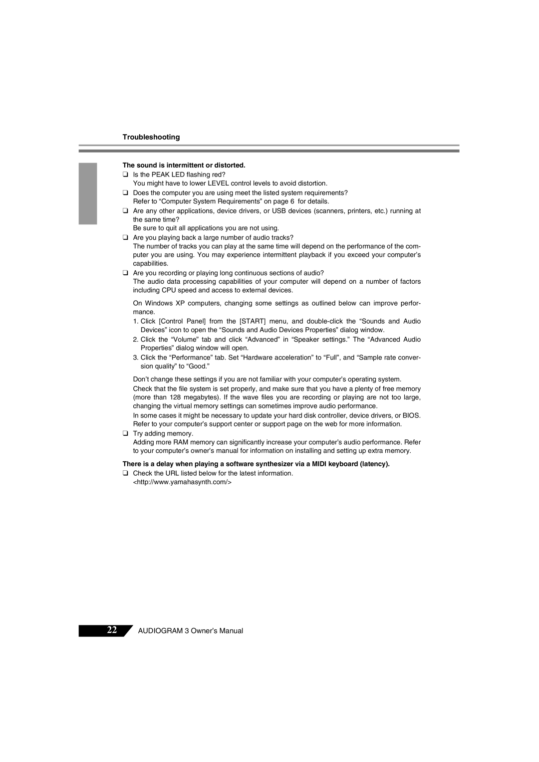 Yamaha Audiogram 3 owner manual Sound is intermittent or distorted 