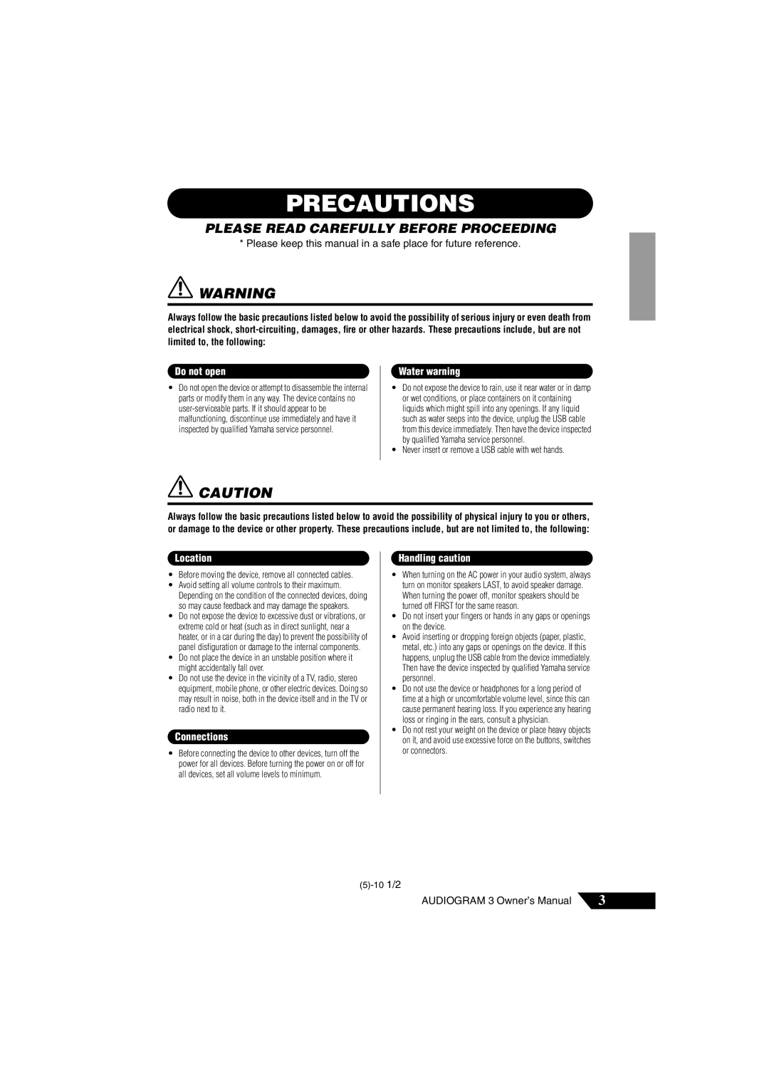 Yamaha Audiogram 3 owner manual Precautions 