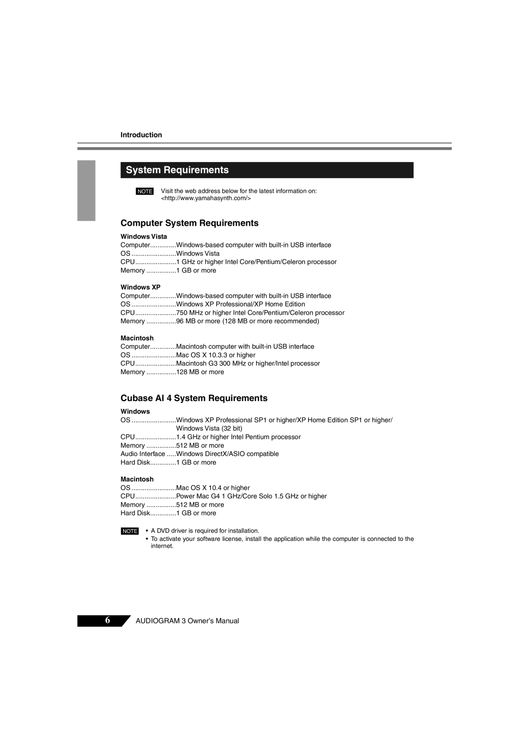 Yamaha Audiogram 3 owner manual Computer System Requirements, Cubase AI 4 System Requirements 