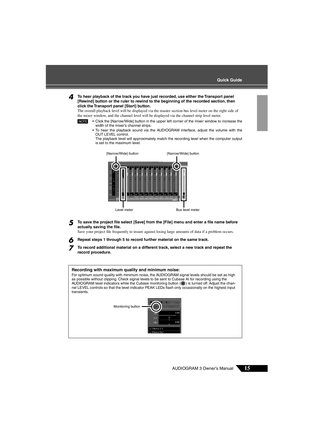 Yamaha Audiogram 3 owner manual Quick Guide, Recording with maximum quality and minimum noise 