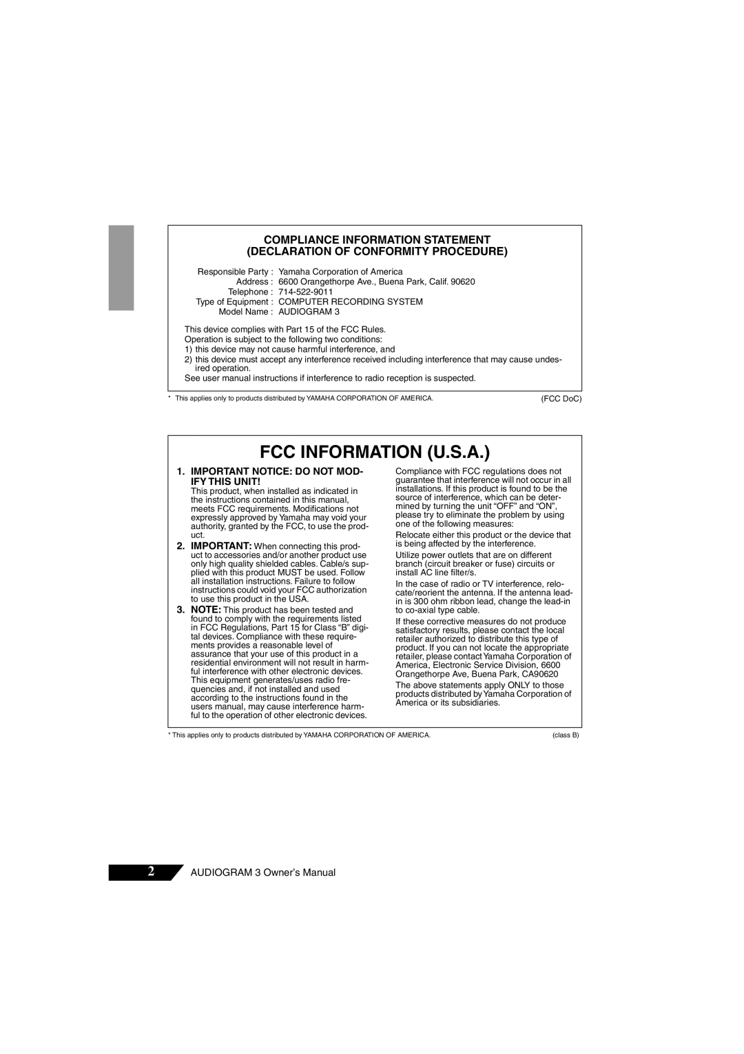 Yamaha Audiogram 3 Fcc Information U.S.A, Compliance Information Statement, Declaration Of Conformity Procedure 